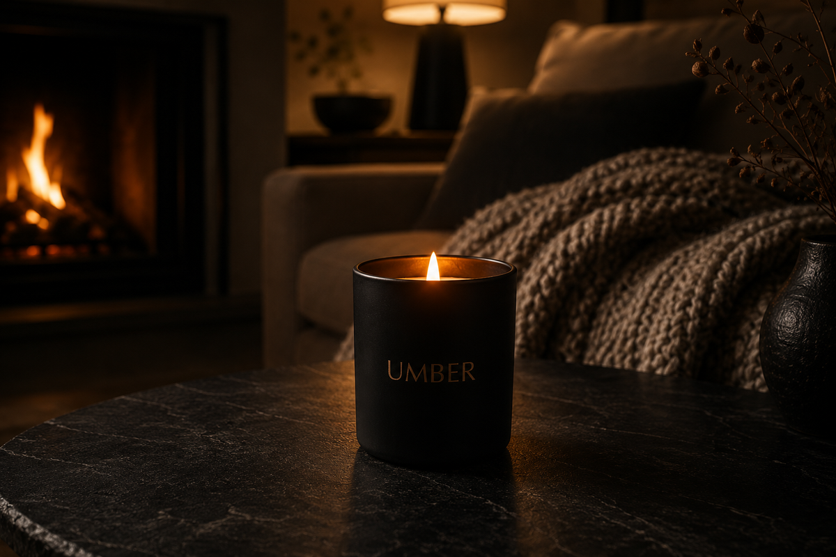An UMBER candle lit on a dark stone table in a warm living room beside a fire